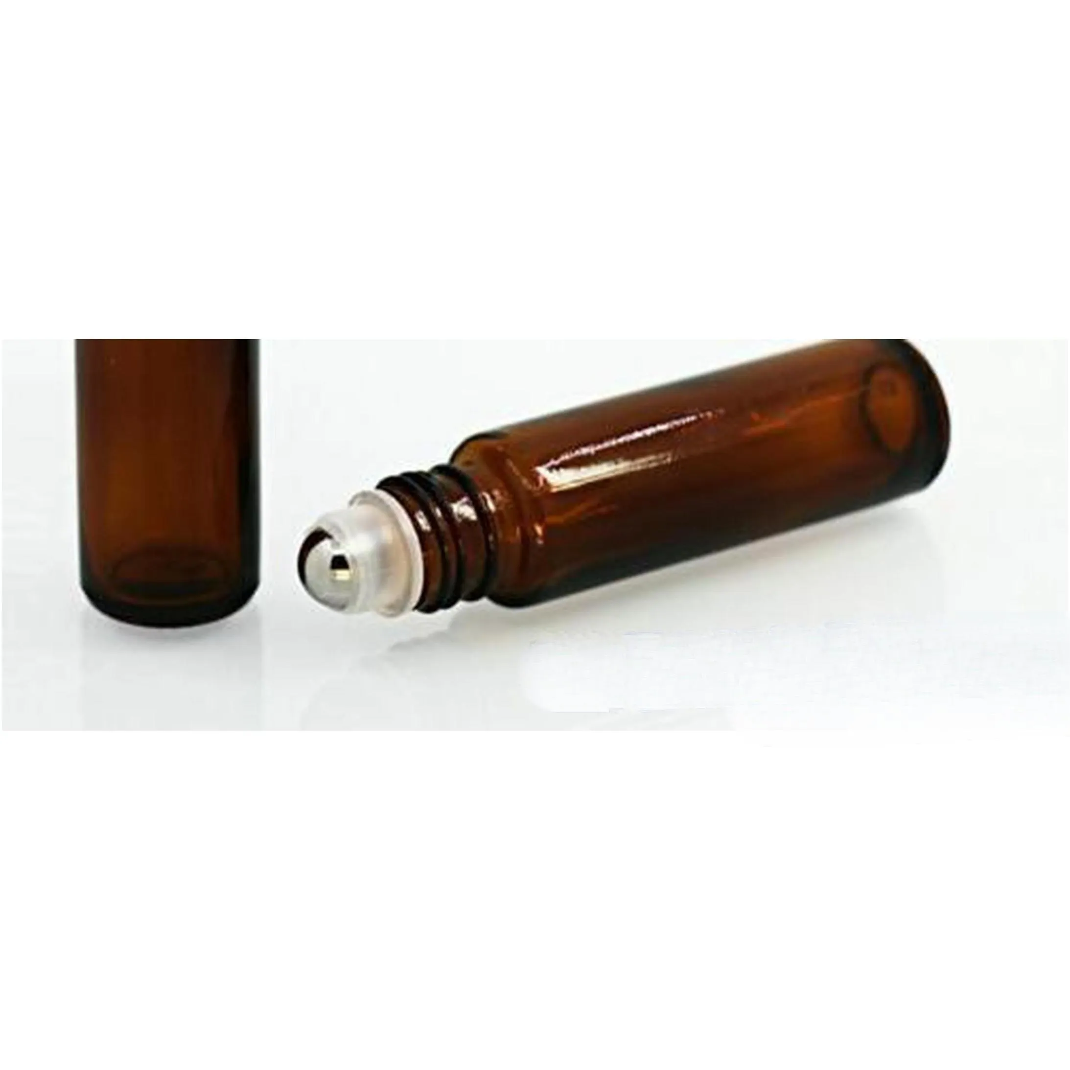 Packing Bottles Wholesale Wholesale- 10Ml 1/3Oz Thick Amber Glass Roll On Bottle  Oil Empty Aromatherapy Per Add Metal Roller Dhttm