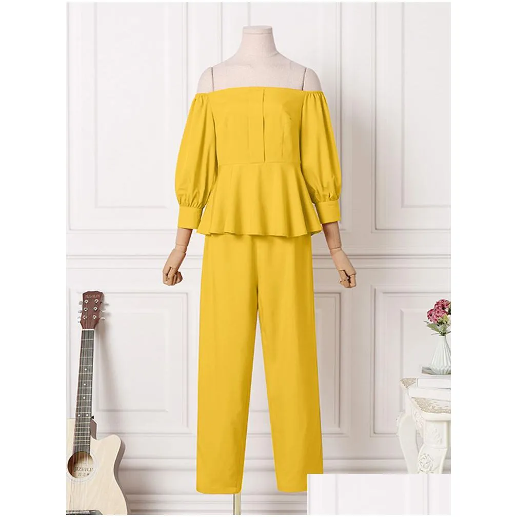 Womens Two Piece Pants Vonda Office Lady Sets Women Ruffled Blouse Off Shoder Tops And Long Trousers Suit Female Ropa De Mujer Drop Dhqky