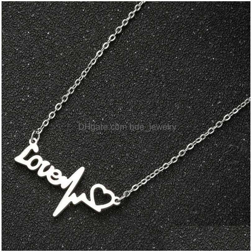 classic boho stainless steel ok gestures pendant necklaces for women love english letter heartbeat clavicle chain gift