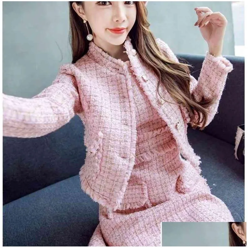 SMTHMA arrival fashion Women`s Blue and pink Tweed Jacket Coat + Two Pieces Sleeveless Tassel Dress Sets