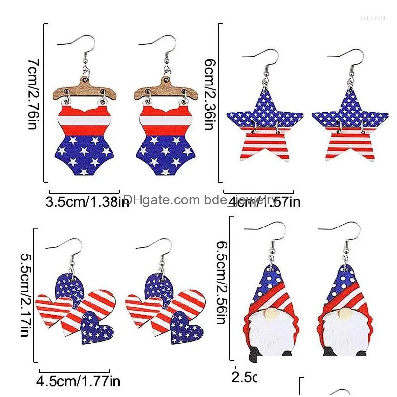 dangle earrings usa independence day for women heart shape star stripes flag printing wooden pendant drop party jewelry