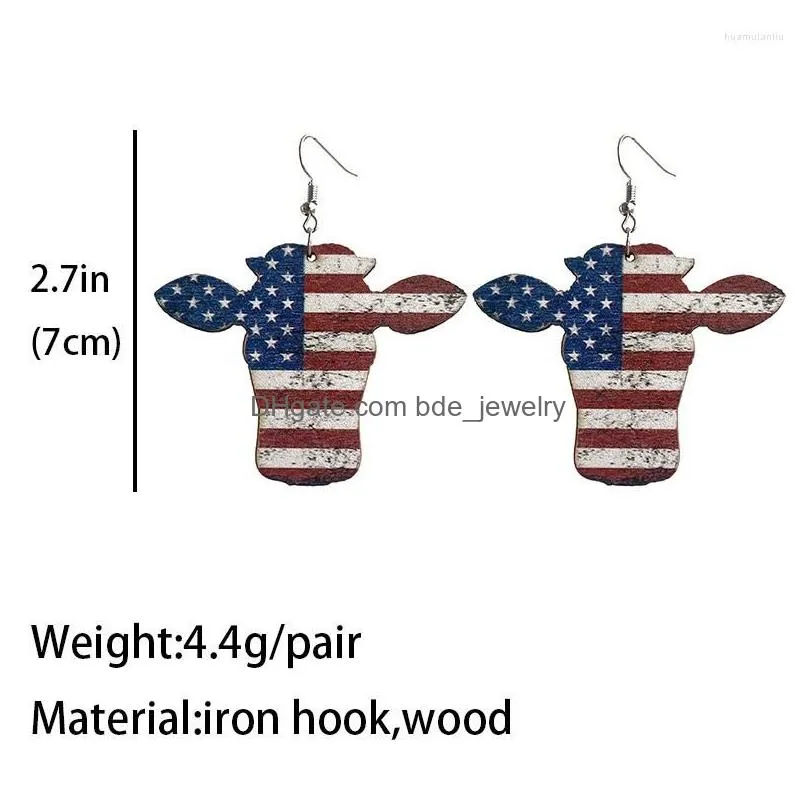 dangle earrings american flag print genuine wood cow head drop statement sunflower independence day 4th for july jewelry