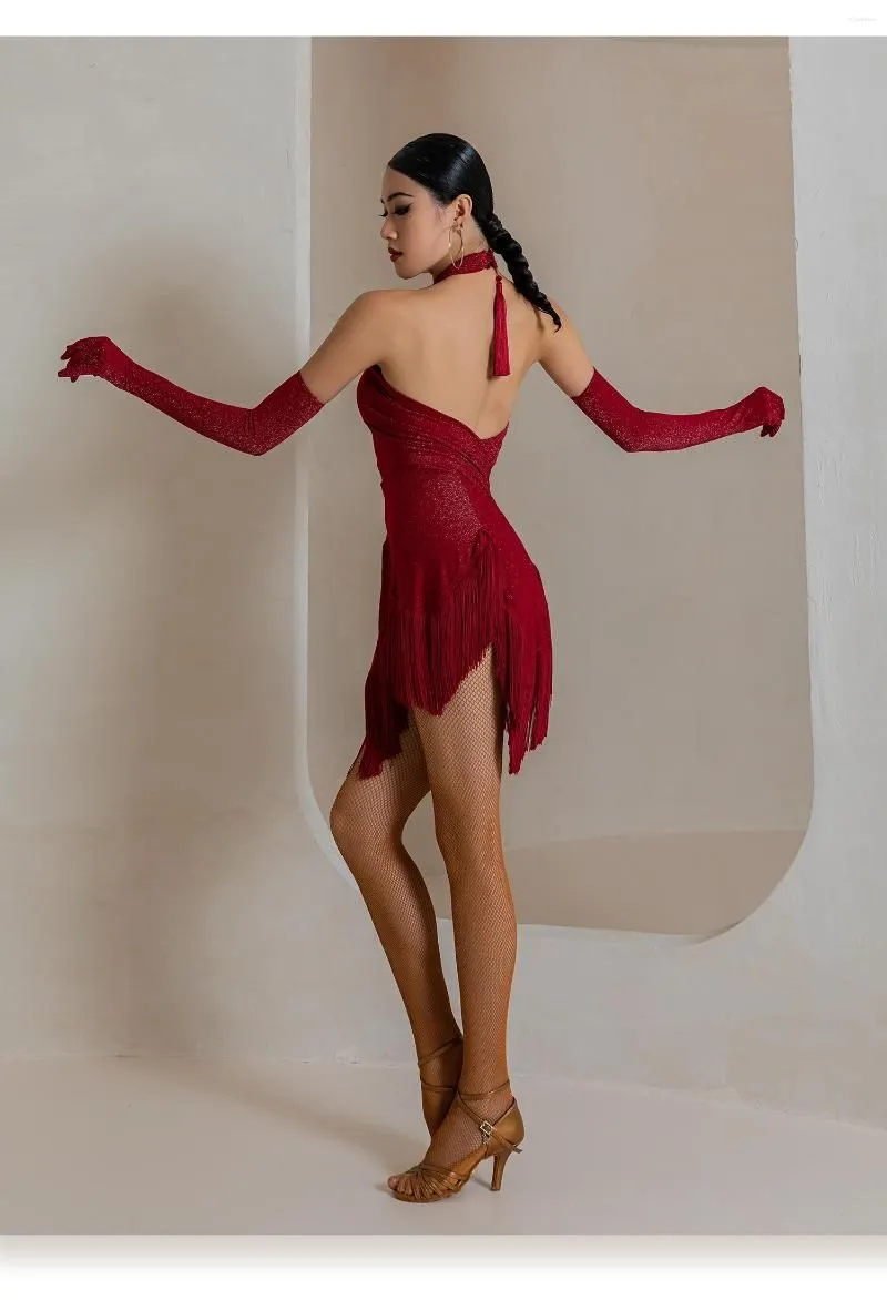 Stage Wear Sexy Backless Cross Latin Dance Dress Female Fringed Skirt Gloves Ballroom Costumes