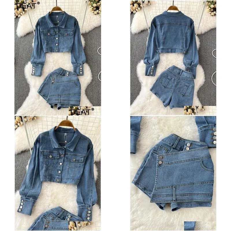 Womens Two Piece Pants DEAT Casual Set Lapel Long Sleeved Loose Denim Jacket Fake Twopiece High Waist Slim Shorts Spring 11XX01021