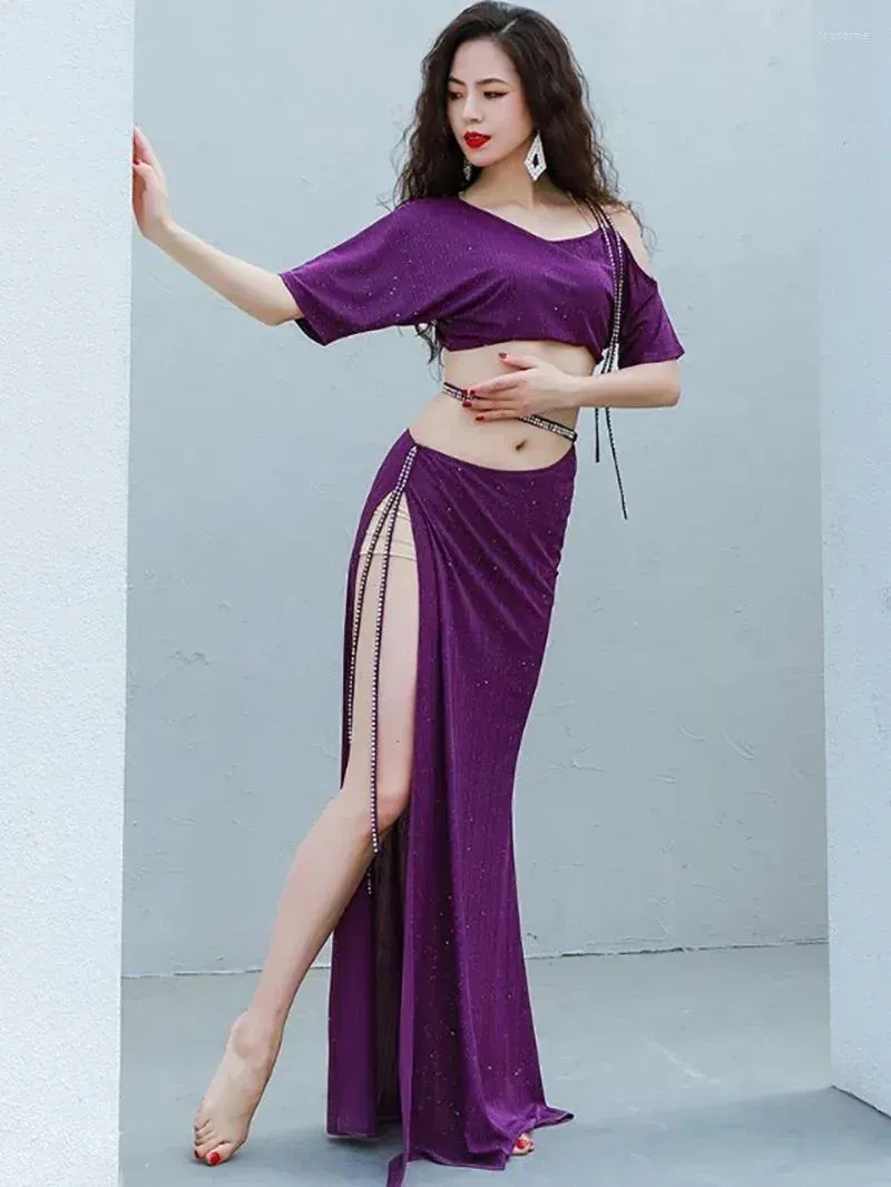 Stage Wear Women Belly Dance Costume French Short Sleeves Cut Out Shoulder Diamond Chain Skirts Practice Performance Dancewear