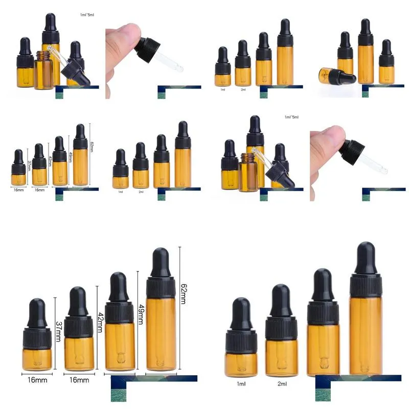 Packing Bottles Wholesale Black Dropper Cap Amber Glass Round 1Ml 2Ml L 5Ml Sample Essential Oil Pipette Container For Travel Drop Del Dhrws
