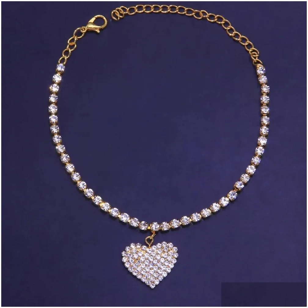 2024 Rhinestone Heart Pengdant Chain 14K Gold Anklets Luxury Bracelet on Leg Accessories For Women Wedding Party Fashion Jewelry