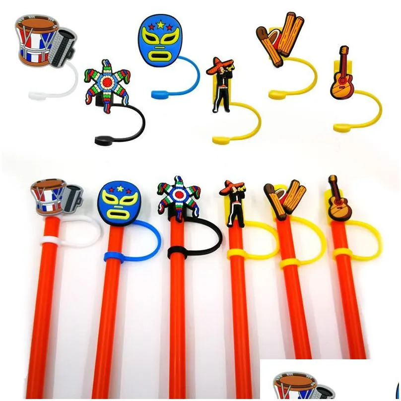 custom hot mexican style soft silicone straw toppers accessories cover charms reusable splash proof drinking dust plug decorative 8mm straw party