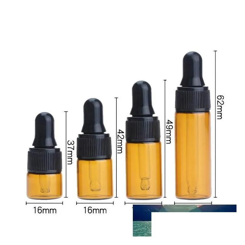 Packing Bottles Wholesale Black Dropper Cap Amber Glass Round 1Ml 2Ml L 5Ml Sample Essential Oil Pipette Container For Travel Drop Del Dhrws