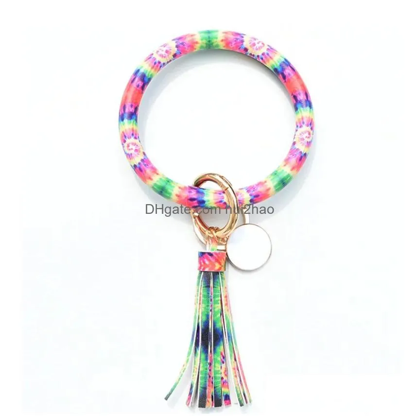 fashion party favor multiple designs sun flower pattern key chain leather wrap tassels bracelets keychain wristlet bracelet tassel round bangle