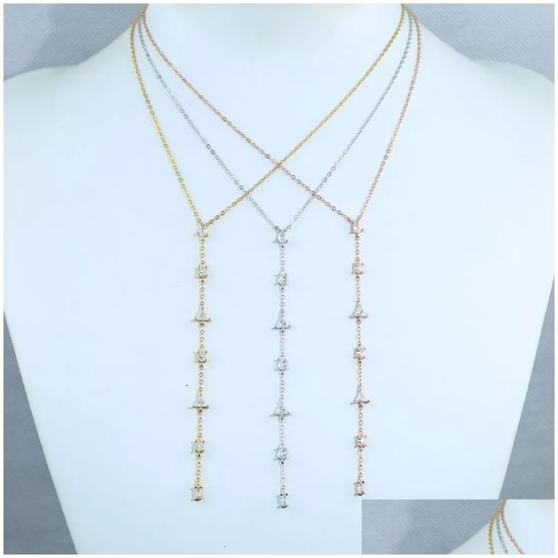 Pendant Necklaces 100% Sterling Rose Gold and Sier 3 Colors Geometric Various Shapes Small CZ Stone Sexy Long Y Lariat Necklace 230512