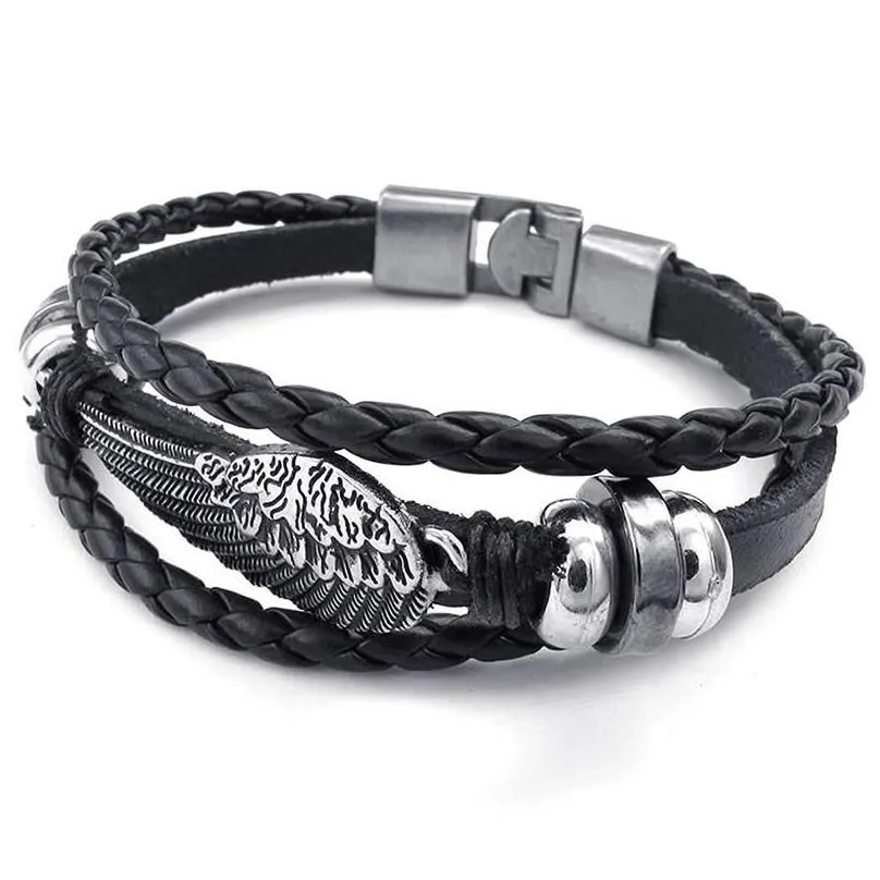 Charm Bracelets Retro Metal Buckle Bracelet Jewelry Wing Angel Braid Cuff Leather Alloy Fancy For Man And Woman Hand Chain Drop Deliv Dhtqb