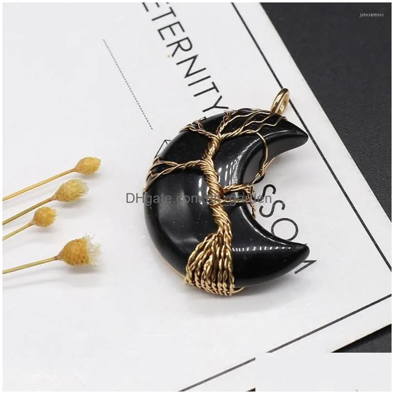 Pendant Necklaces Natural Stone Pendants Gold Color Wire Wrap Moon Amethysts Black Agates For Jewelry Making Diy Women Necklace Gift Dhvxb