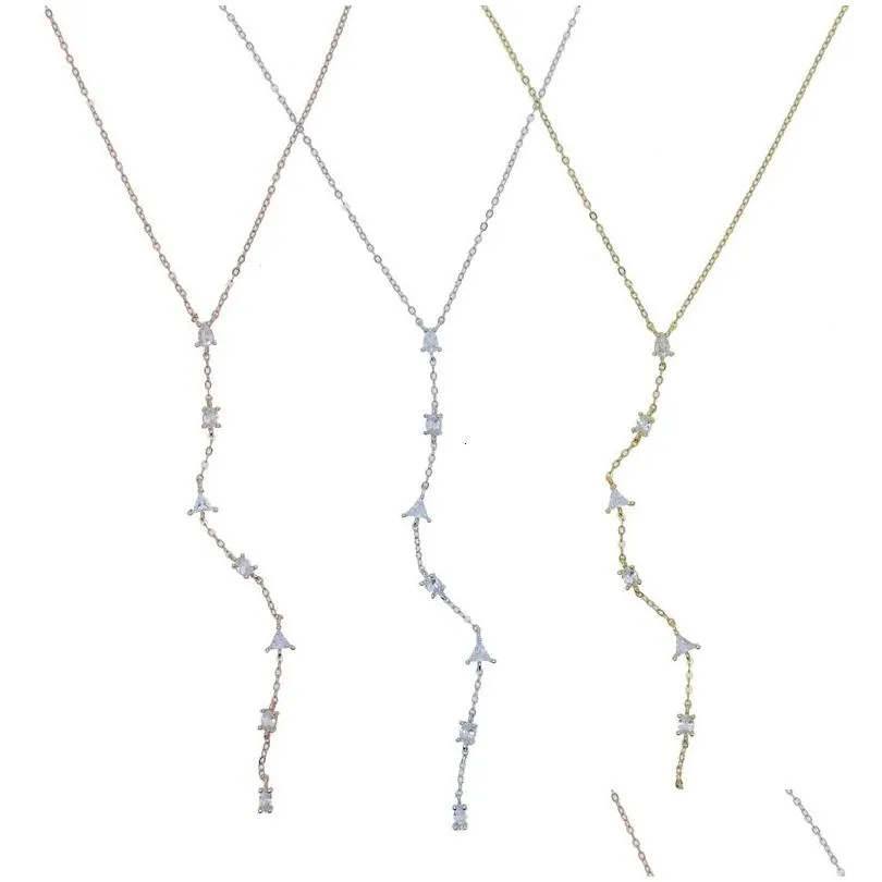 Pendant Necklaces 100% Sterling Rose Gold and Sier 3 Colors Geometric Various Shapes Small CZ Stone Sexy Long Y Lariat Necklace 230512