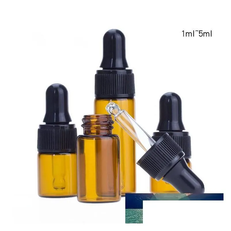 Packing Bottles Wholesale Black Dropper Cap Amber Glass Round 1Ml 2Ml L 5Ml Sample Essential Oil Pipette Container For Travel Drop Del Dhrws