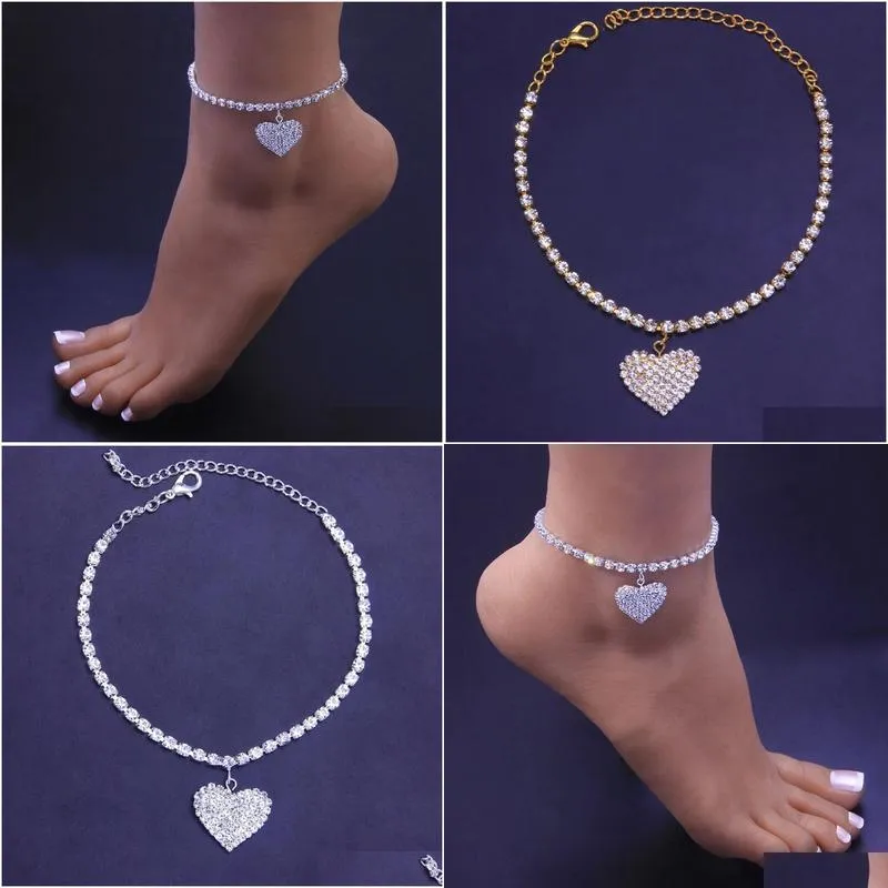 2024 Rhinestone Heart Pengdant Chain 14K Gold Anklets Luxury Bracelet on Leg Accessories For Women Wedding Party Fashion Jewelry