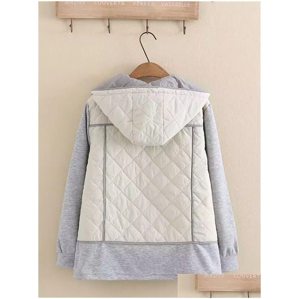 plus Size Women`s Clothing Autumn And Winter Jackets Hooded Lg Sleeves Diamd Plaid Quilting Ctrasting Color Stitching Coat 62qZ#