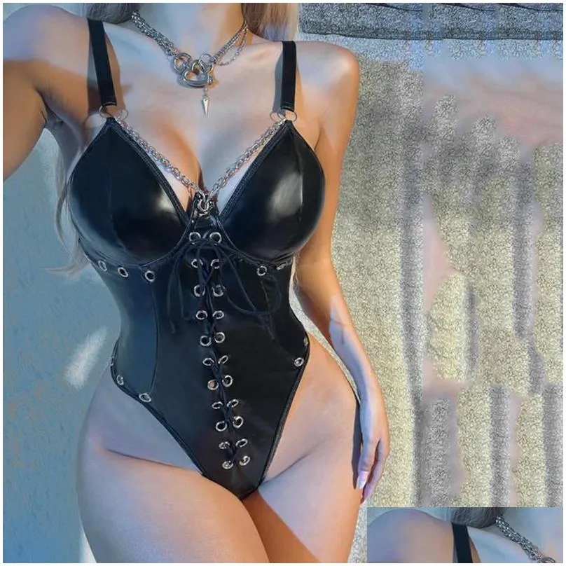 Women`s Shapers Women`S Leather Lace Mesh Stitching Sexy Underwear Jumpsuit Femme Pajamas Porn Cosplay Costume Sex Product