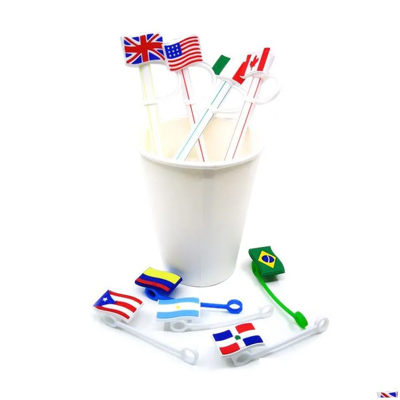 national flag pattern soft silicon straw toppers accessories charms reusable splash proof drinking decorative straw suit for 8mm in tumbler cup party