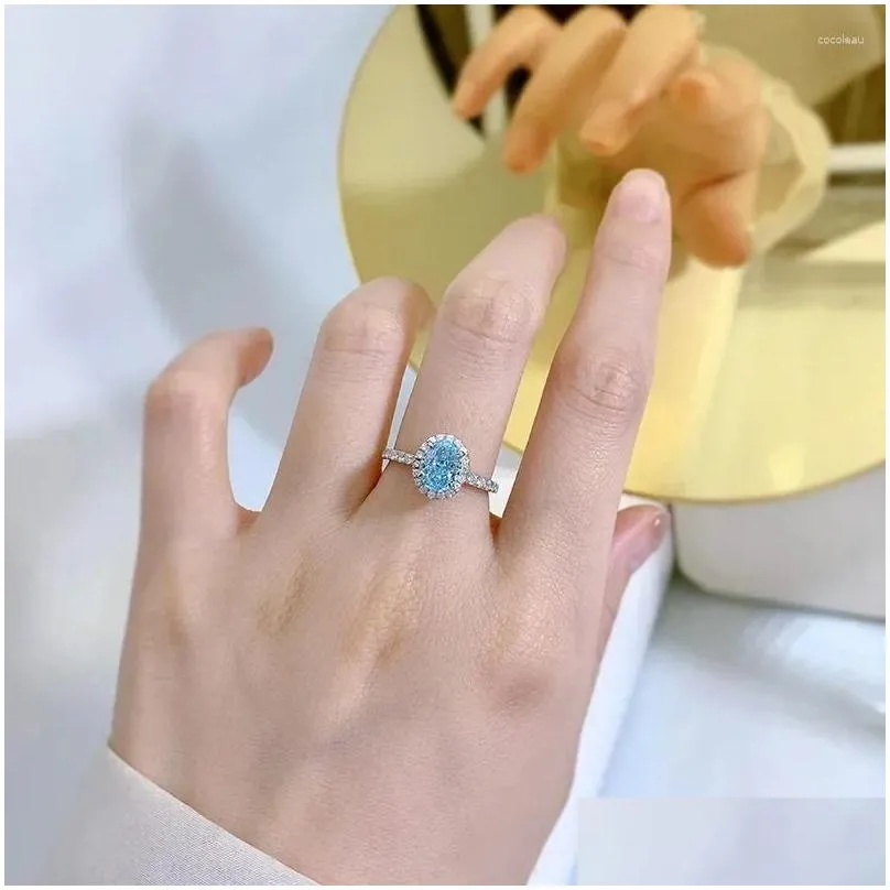 Cluster Rings SpringLady 925 Sterling Silver 6 8MM Crushed Cut Aquamarine High Carbon Diamonds Gemstone Ring Engagement Fine Jewelry