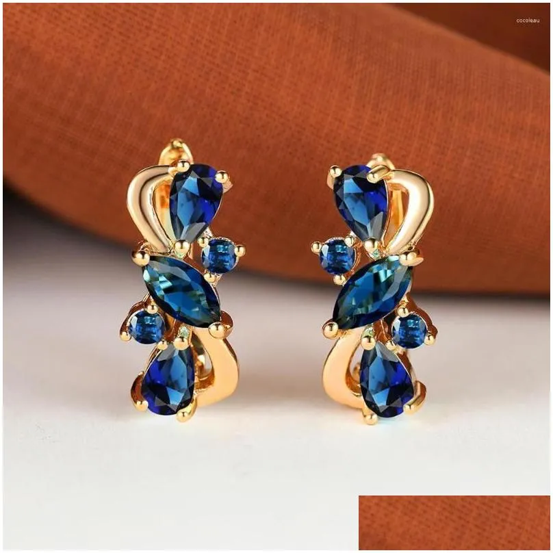 Hoop Earrings Elegant Dark Blue Stone Flower INS Russian Style 18K Gold Plated Teardrop Shape Crystal Clips Jewelry