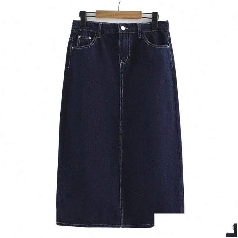 plus Size Skirt Women 2023 Spring Fi Deep Blue High Waist A-Line Retro Back Split Denim Mid-Length Bottoms Curve Clothes 44PB#