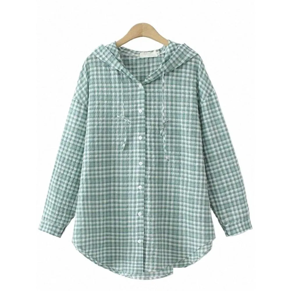 plus Size Women`s Shirt Summer Thin Cott Plaid Tops Can Be Used As Sun Protecti Jacket Light Lg Sleeve Hooded Cardigan 4238#