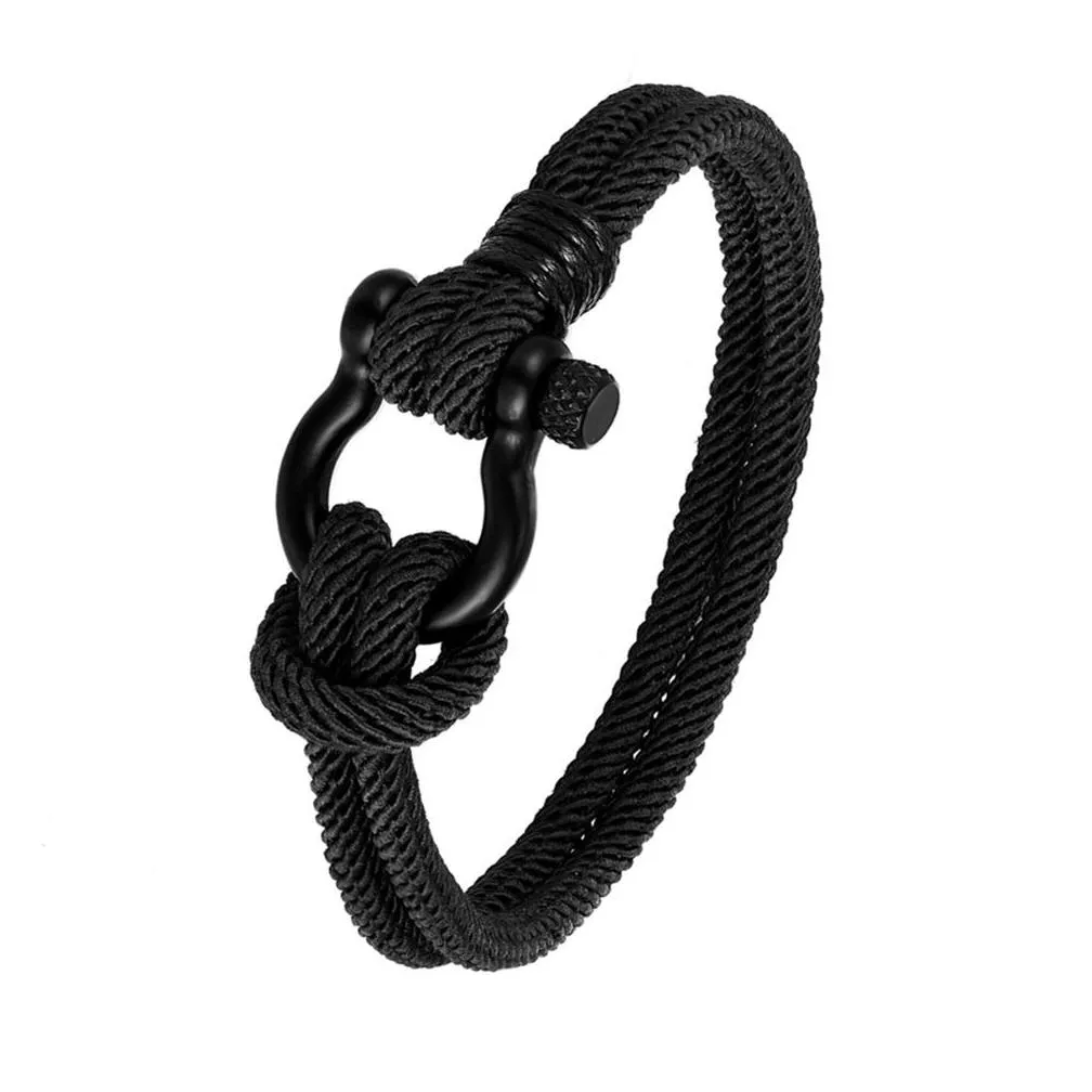 Milan Rope Bangle Versatile Style Black Stainless Steel Bracelet Men`s Horseshoe Buckle Bracelets