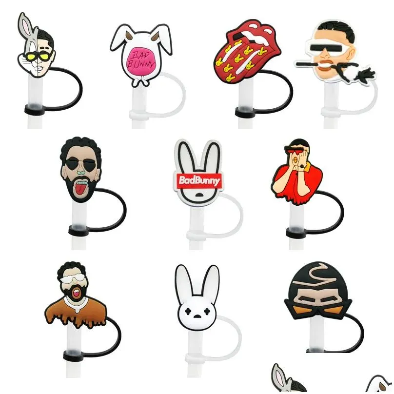 custom bad bunny soft silicone straw toppers accessories cover charms reusable splash proof drinking dust plug decorative 8mm straw party