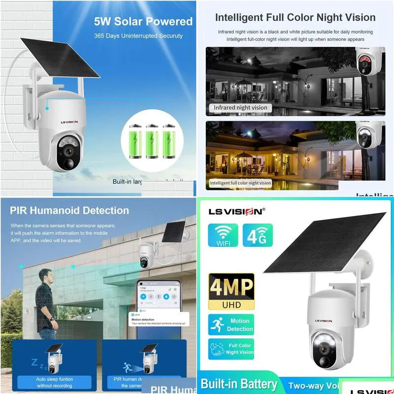 Ip Cameras Ls Vision 2K Solar Wireless Security Camera Outdoor 4Mp Sim Wi Fi 4G Cam 360 Ptz 230414 Drop Delivery Dhzbj