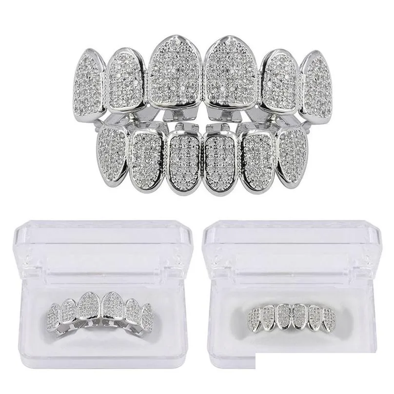 New Baguette Set Teeth Grillz Top & Bottom Gold Silver Color Grills Dental Mouth Hip Hop Fashion Jewelry Rapper Jewelry