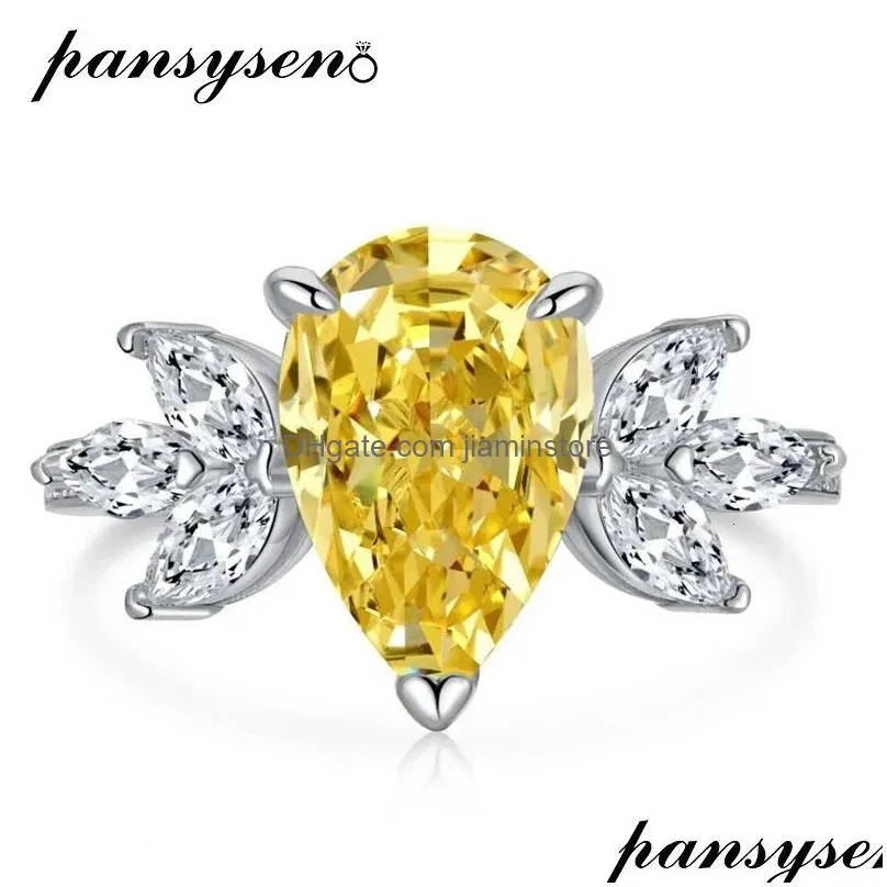 Band Rings PANSYSEN Luxury 925 Sterling Silver Crushed Ice Cut Citrine High Carbon Diamond Gemstone Wedding Party Jewelry Ring Wholesale