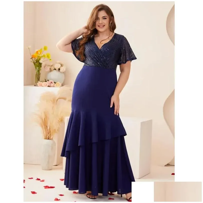 summer Plus Size 4XL5XL Royal Blue Sequin Short Sleeve V Neck Dr Elegant Luxury Party Maxi Fishtail Dres 2023 Plus Size C7xQ#