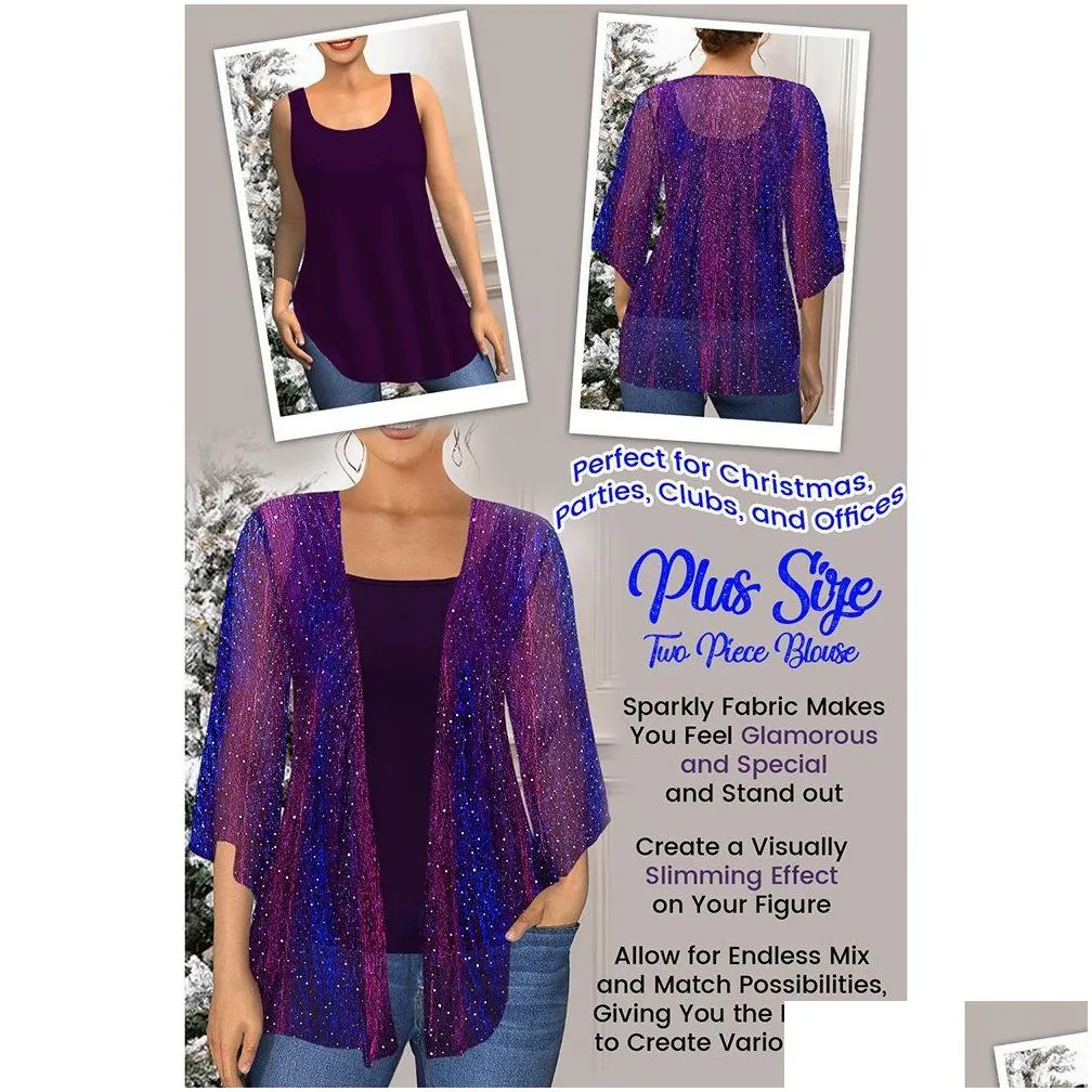 plus Size Christmas Purple Sparkly Glitter Fabric Kimo Two Pieces Blouse V6bo#