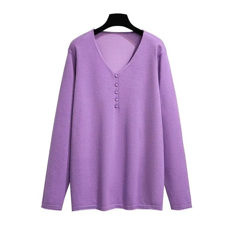 165kg Plus Size Women`s Spring Autumn Loose Knit V-neck Sweater Bust 160cm 6XL 7XL 8XL 9XL 10XL Lg Sleeve Solid Bottoming Top i4Pt#