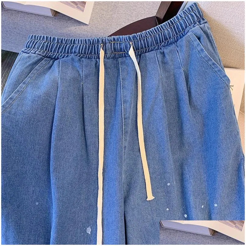 150kg Plus Size Women`s Hip 158 Irregular Polka Dot Printed Jeans High Waisted Wide Leg Pants Blue 5XL 6XL 7XL 8XL 9XL S64C#