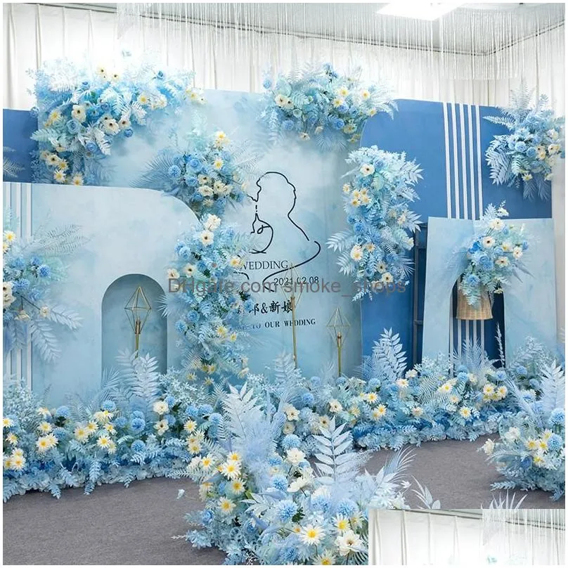 decorative flowers wreaths blue series wedding floral arrangement artificial flower row table road lead t stage backdrop corner ball