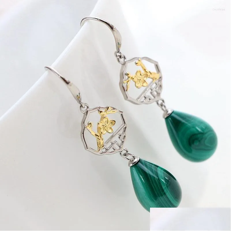 Dangle Earrings Authentic 925 Sterling Silver Earring Ethnic Retro Inlaid Natural Malachite Water Droplet Earing Lady Trendy Style