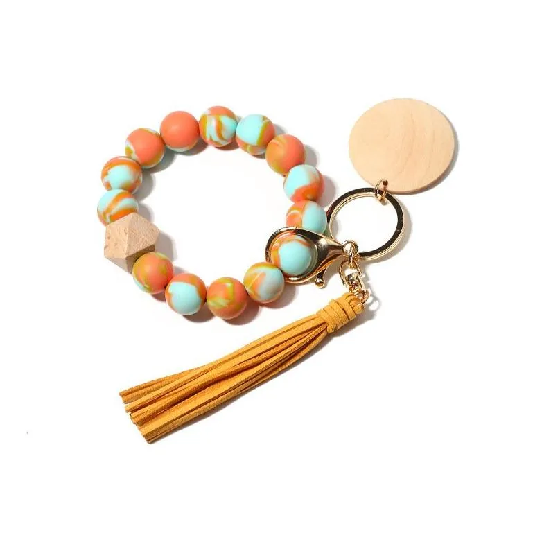 Silicone Bead Bracelet Wrist Keychain Pendants with Tassel DIY Gift