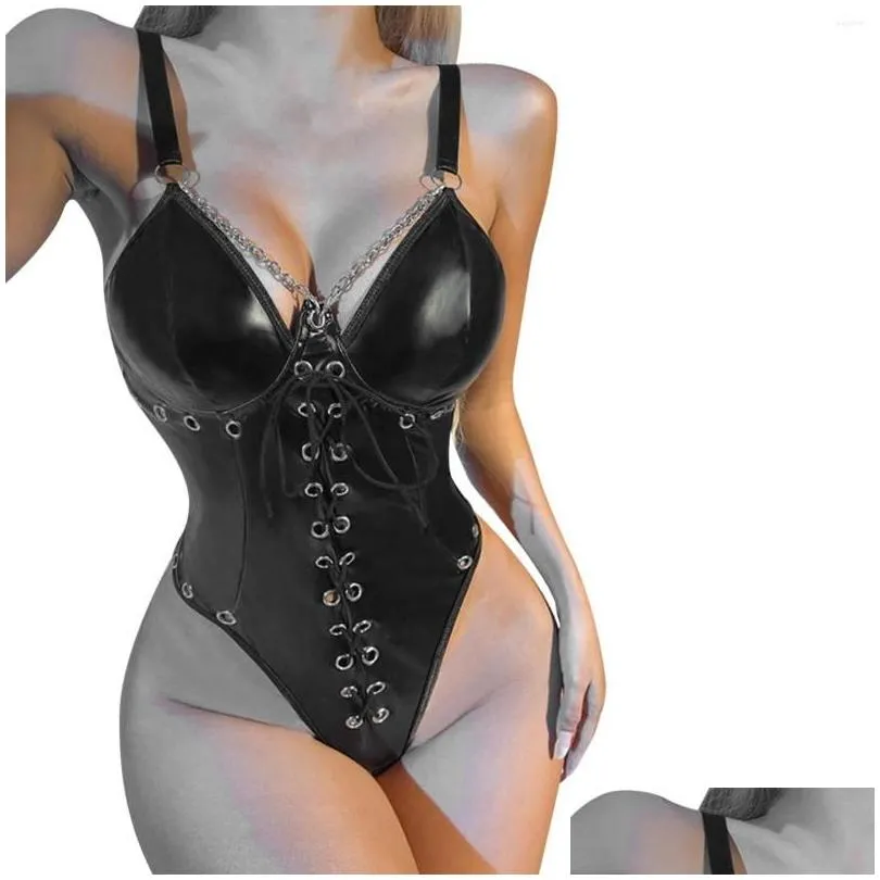 Women`s Shapers Women`S Leather Lace Mesh Stitching Sexy Underwear Jumpsuit Femme Pajamas Porn Cosplay Costume Sex Product