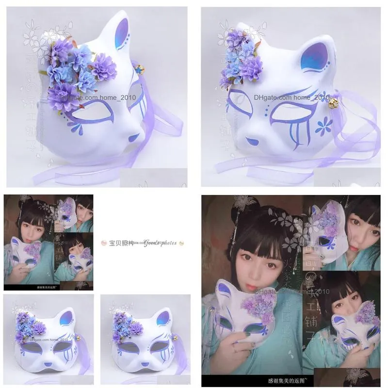 japanese kimono fox cat mask hand painted anime purple blue gradient silk flower bell cosplay