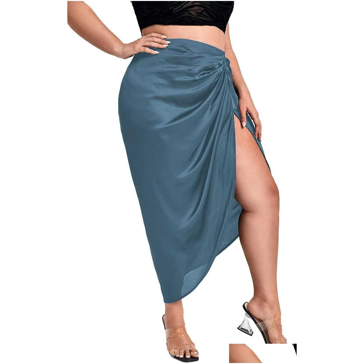 SheIn Women`s Plus Asymmetrical Side Split High Waist Midi Ruched Satin Skirt