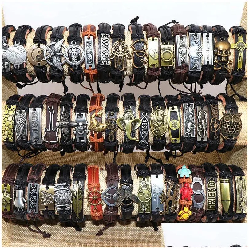 Charm Bracelets Mens Vintage Cross Jesus Love Animal Etc Mix Style Leather Metal Adjustable Cuff Bangle Wristband For Drop Delivery J Dh6Gv