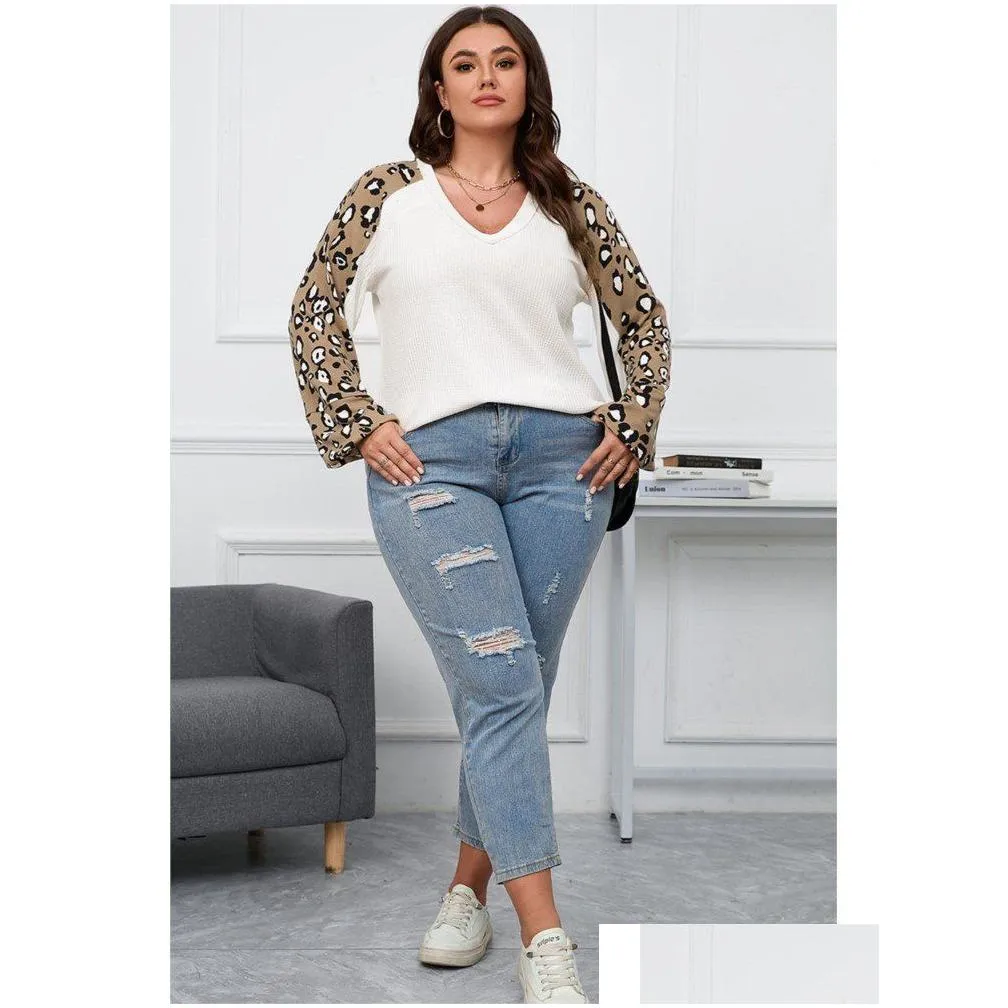 plus Size Autumn Winter V-Neck Tops Women Leopard Print Patchwork Lg Sleeve Modis Ladies Blouses Casual Loose Woman Tops 2023 E4te#