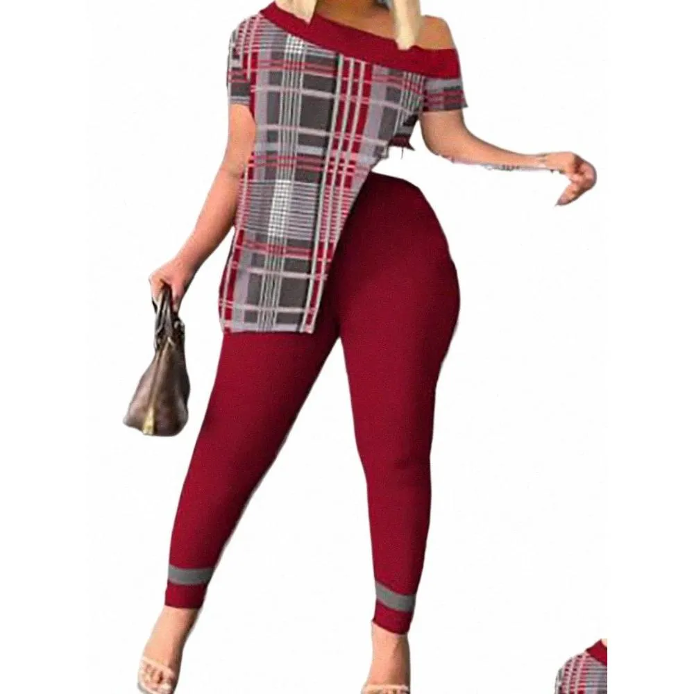 plus Size Casual Outfits Two Piece Set, Women`s Plus Colorblock Letter Print One Shoulder Split Hem Medium Stretch Top & Legging J9sV#