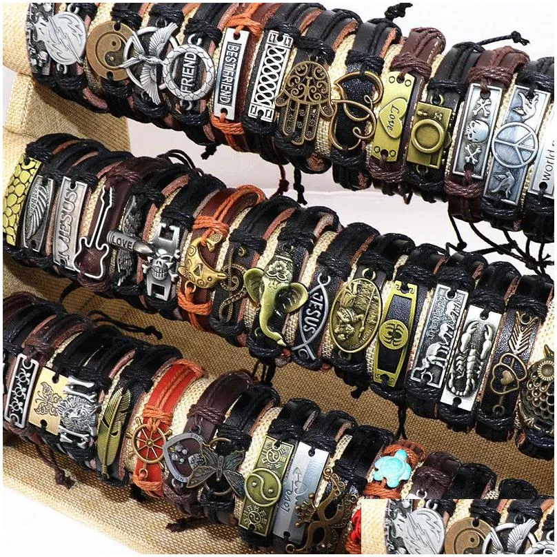 Charm Bracelets Mens Vintage Cross Jesus Love Animal Etc Mix Style Leather Metal Adjustable Cuff Bangle Wristband For Drop Delivery J Dh6Gv