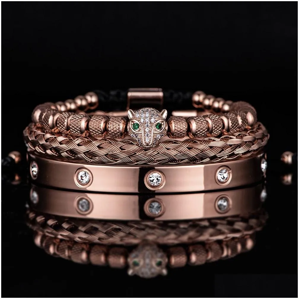 Luxury Micro Pave CZ Leopard Head Roman Royal Charm Bracelets Men Bracelets Stainless Steel Crystals Bangles Couple Handmade Jewelry