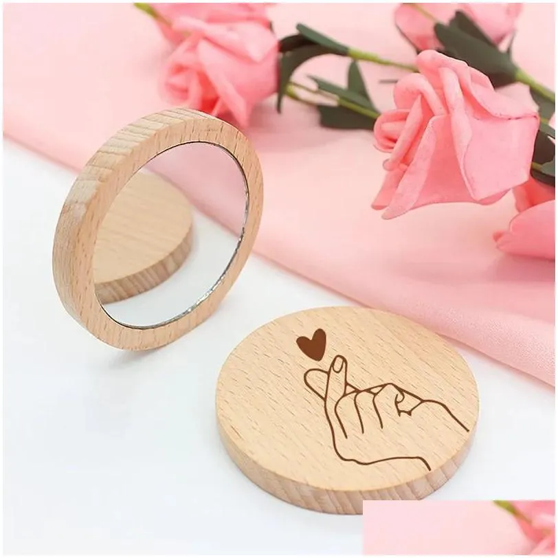 wood small round mirror portable pocket mirrors wooden mini makeup mirrors