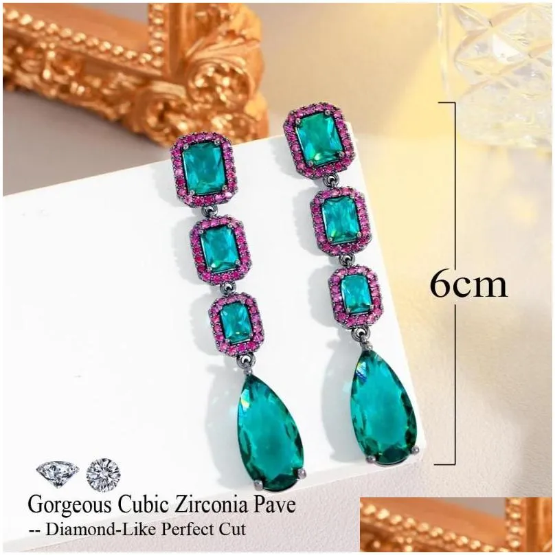 Dangle Earrings CWWZircons Elegant Water Drop Green Crystal And Rose Red Cubic Zircon Long Party Engagement For Women CZ485