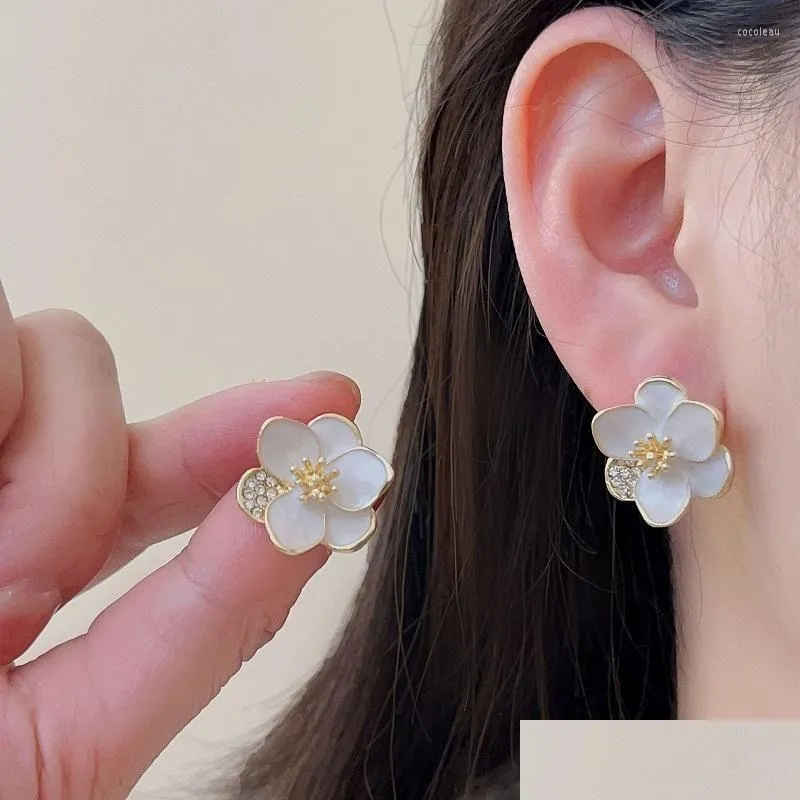 Stud Earrings Lovelink Korean Style White Enamel Flower For Women Shiny Transparent Zircon Floral Girl Accessory